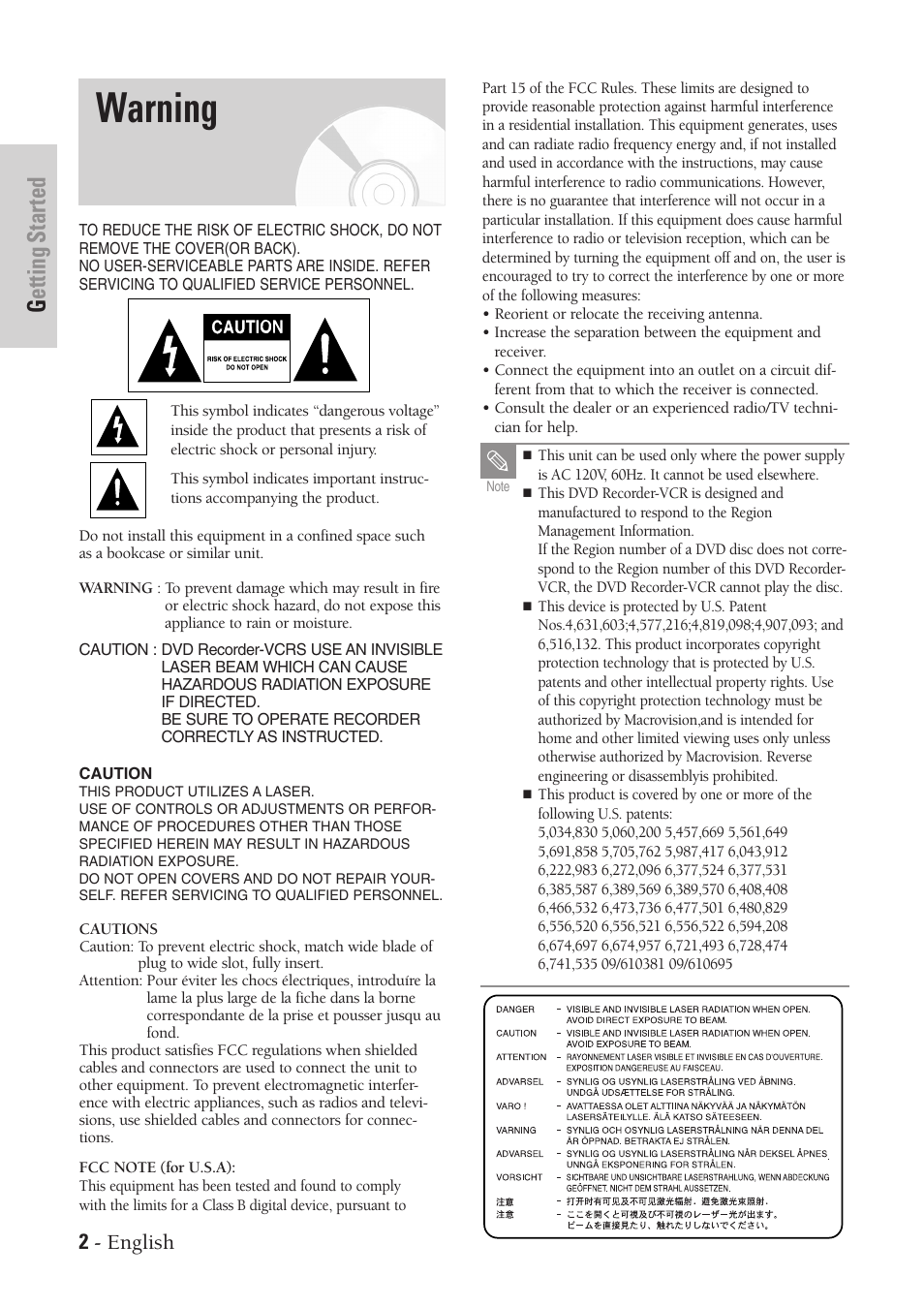Getting started, Warning, 2 - english | Samsung DVD-VR300-XAA User Manual | Page 2 / 97