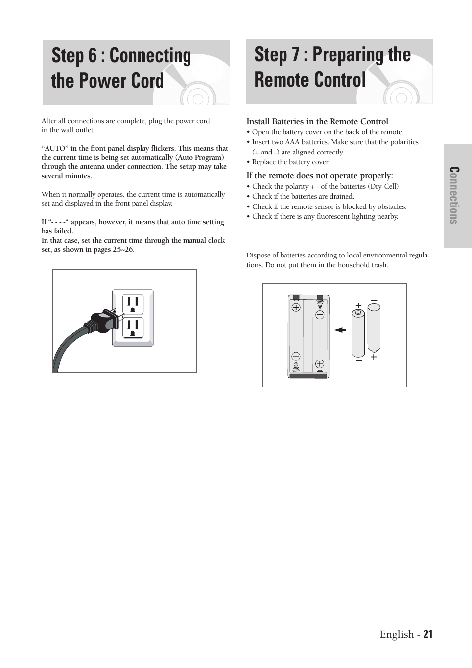 Connecting the power cord, Preparing the remote control, Step 6 : connecting the power cord | Step 7 : preparing the remote control, Connections | Samsung DVD-VR300-XAA User Manual | Page 21 / 97