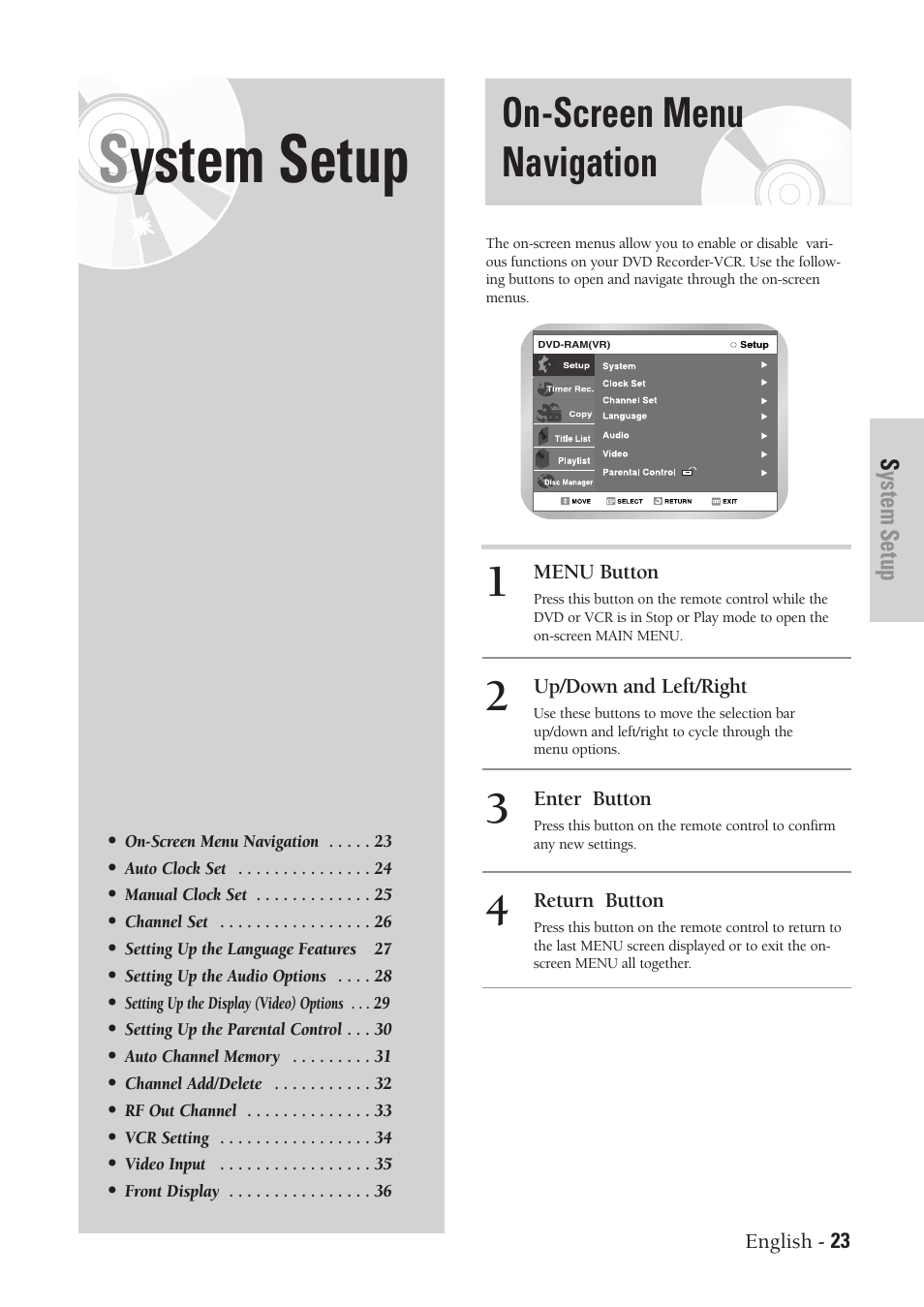 System setup, On-screen menu navigation | Samsung DVD-VR300-XAA User Manual | Page 23 / 97