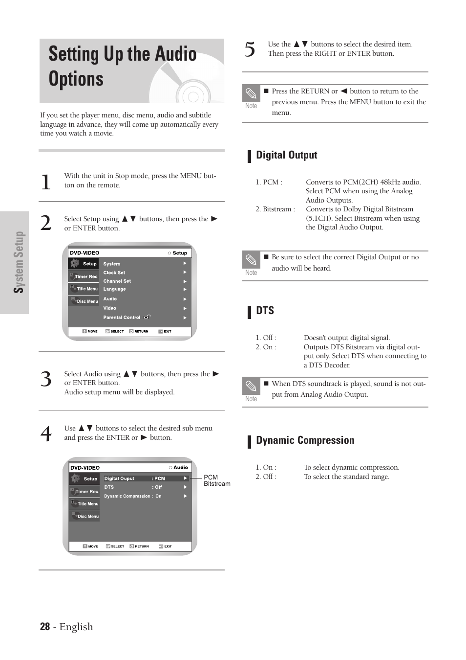 Setting up the audio options, System setup | Samsung DVD-VR300-XAA User Manual | Page 28 / 97