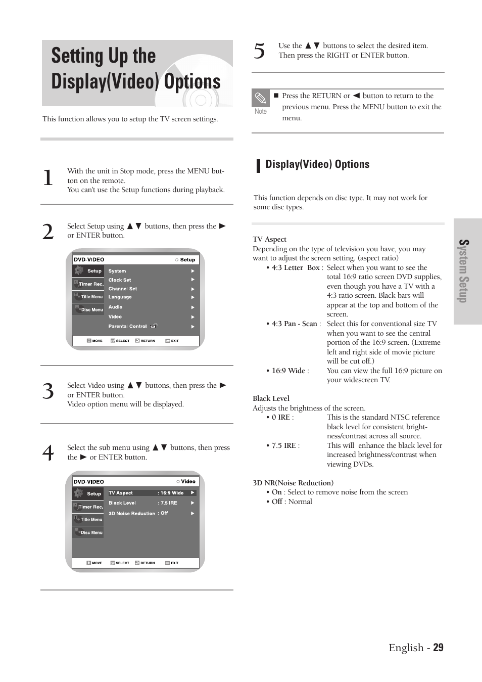 Setting up the display(video) options, System setup | Samsung DVD-VR300-XAA User Manual | Page 29 / 97