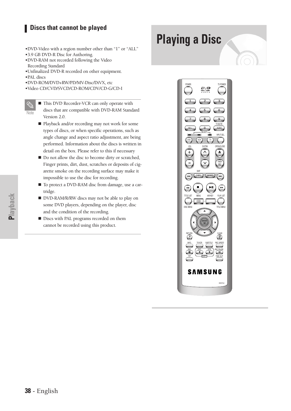 Playing a disc, Playback, 38 - english | Discs that cannot be played | Samsung DVD-VR300-XAA User Manual | Page 38 / 97