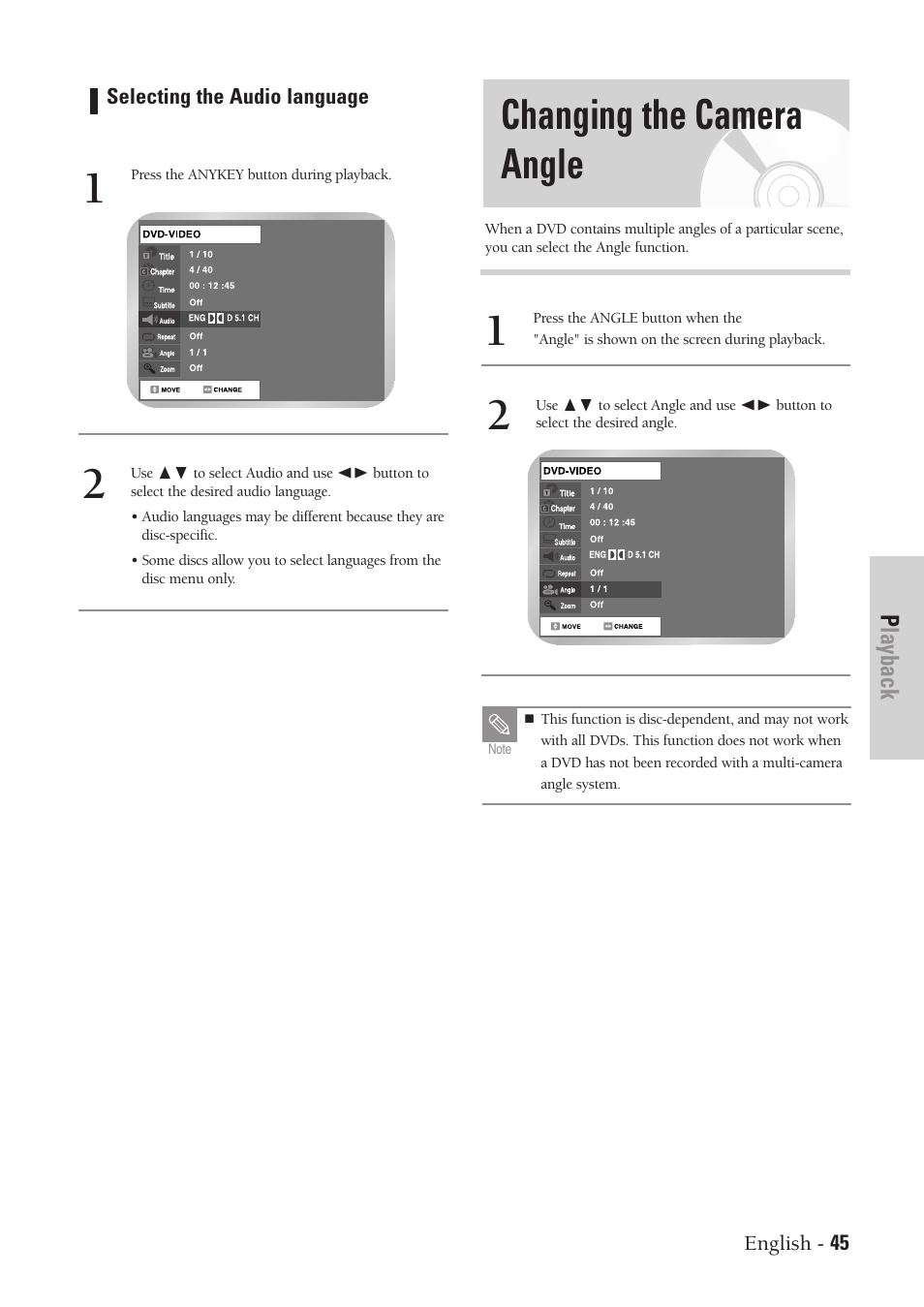 Changing the camera angle, Playback | Samsung DVD-VR300-XAA User Manual | Page 45 / 97