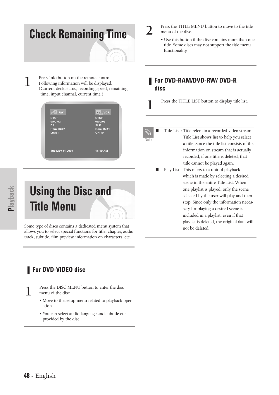 Check remaining time, Using the disc and title menu | Samsung DVD-VR300-XAA User Manual | Page 48 / 97