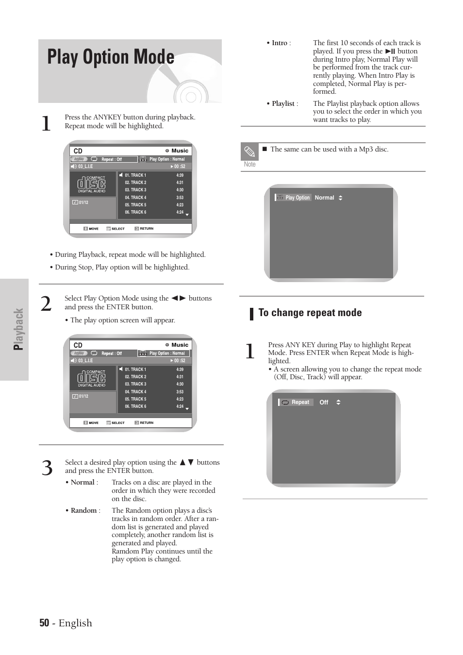 Play option mode, Playback, 50 - english | Samsung DVD-VR300-XAA User Manual | Page 50 / 97