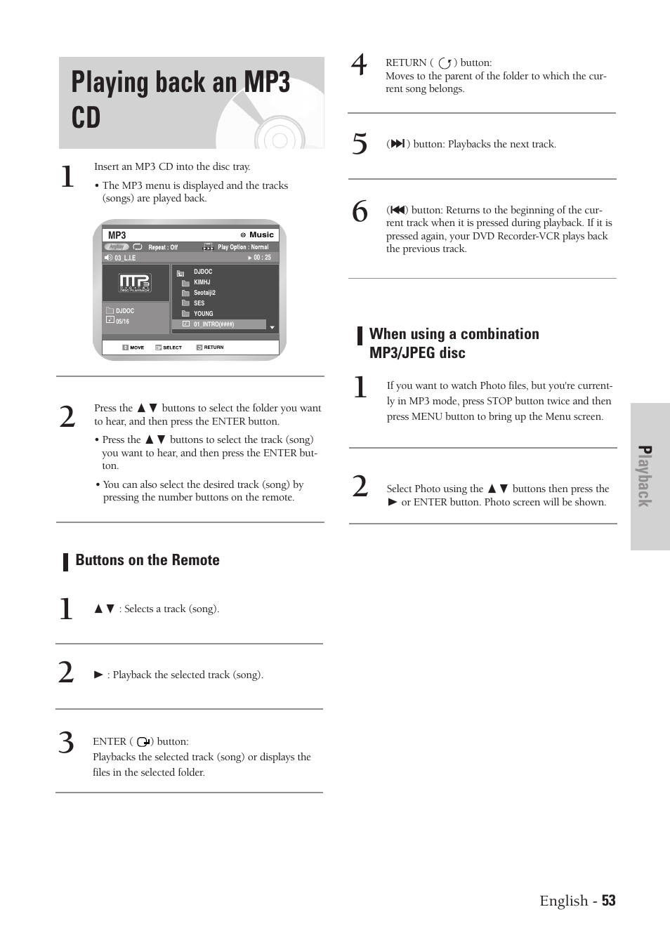 Playing back an mp3 cd, Playback | Samsung DVD-VR300-XAA User Manual | Page 53 / 97