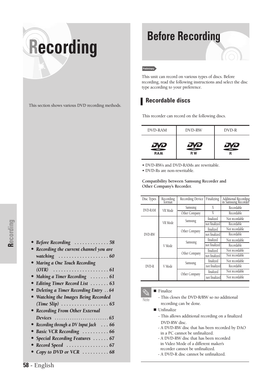 Recording, Before recording, 58 - english | Recordable discs | Samsung DVD-VR300-XAA User Manual | Page 58 / 97