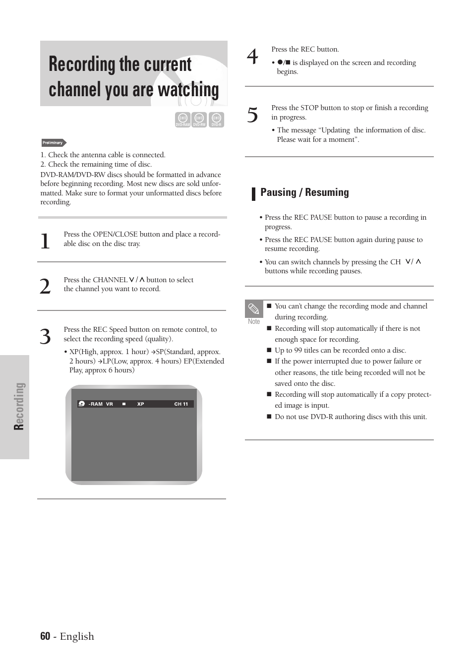 Recording the current channel you are watching, Recording | Samsung DVD-VR300-XAA User Manual | Page 60 / 97