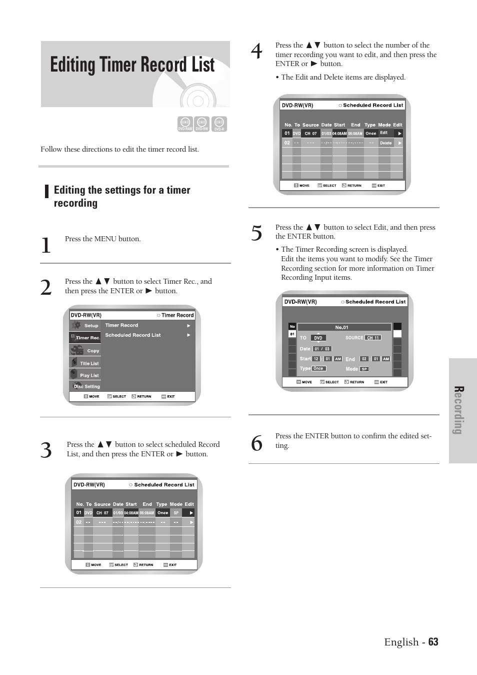 Editing timer record list, Recording | Samsung DVD-VR300-XAA User Manual | Page 63 / 97
