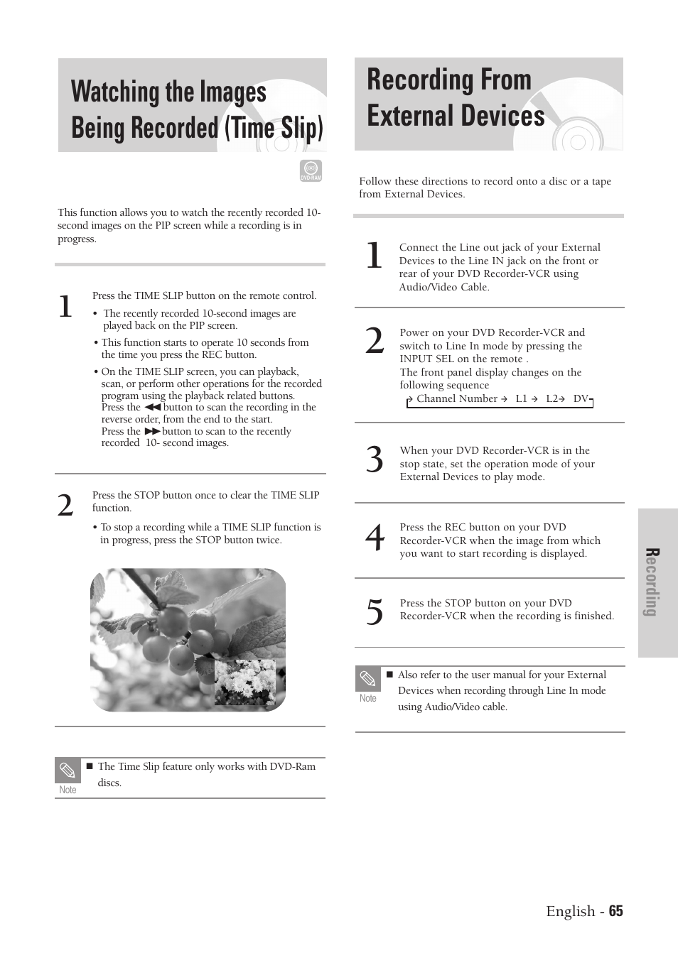 Watching the images being recorded (time slip), Recording from external devices | Samsung DVD-VR300-XAA User Manual | Page 65 / 97