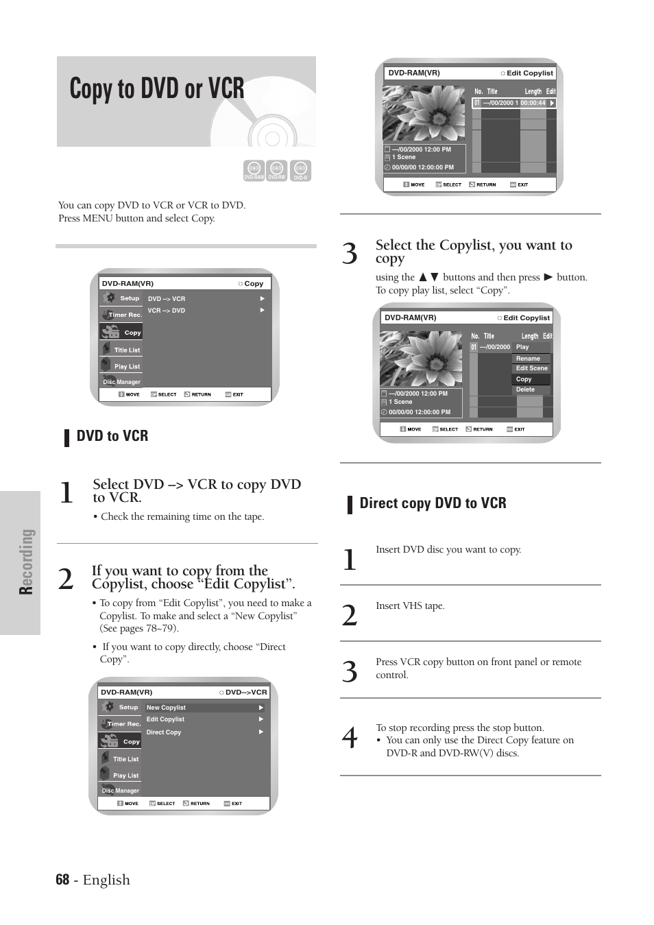 Copy to dvd or vcr, Recording, 68 - english | Dvd to vcr, Select dvd --> vcr to copy dvd to vcr, Direct copy dvd to vcr, Select the copylist, you want to copy | Samsung DVD-VR300-XAA User Manual | Page 68 / 97