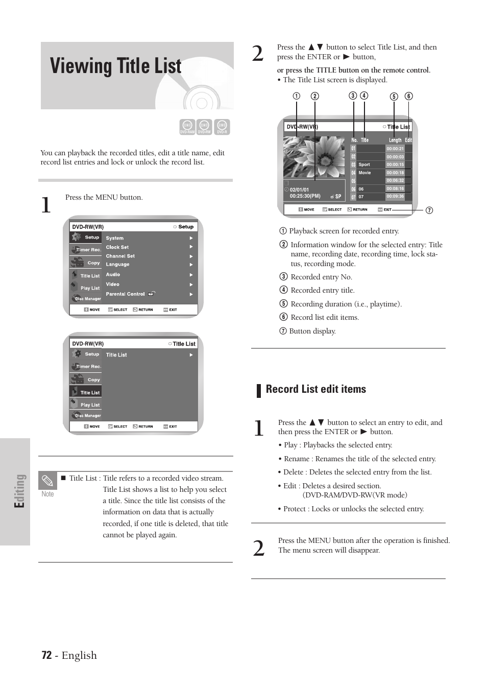 Viewing title list, Editing, 72 - english | Record list edit items | Samsung DVD-VR300-XAA User Manual | Page 72 / 97