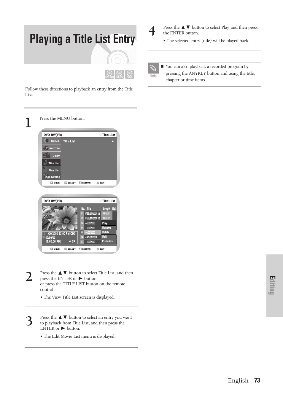 Playing a title list entry, Editing | Samsung DVD-VR300-XAA User Manual | Page 73 / 97