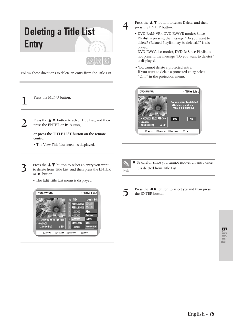 Deleting a title list entry, Editing | Samsung DVD-VR300-XAA User Manual | Page 75 / 97