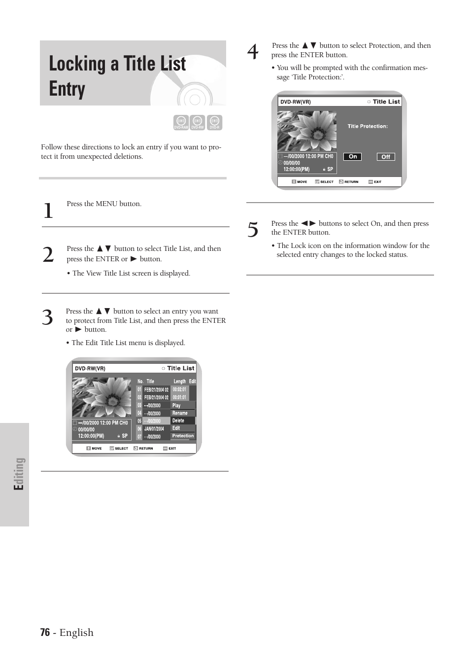 Locking a title list entry, Editing | Samsung DVD-VR300-XAA User Manual | Page 76 / 97