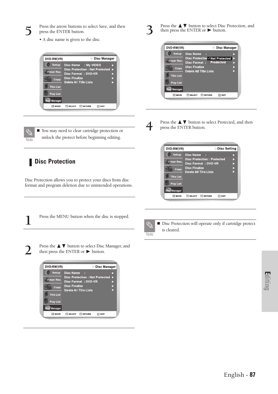 Editing | Samsung DVD-VR300-XAA User Manual | Page 87 / 97