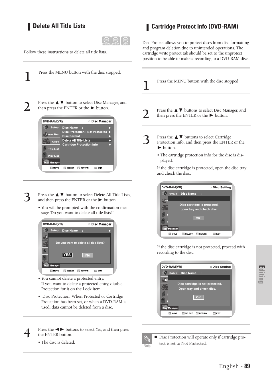 Editing, English - 89, Delete all title lists | Cartridge protect info (dvd-ram) | Samsung DVD-VR300-XAA User Manual | Page 89 / 97