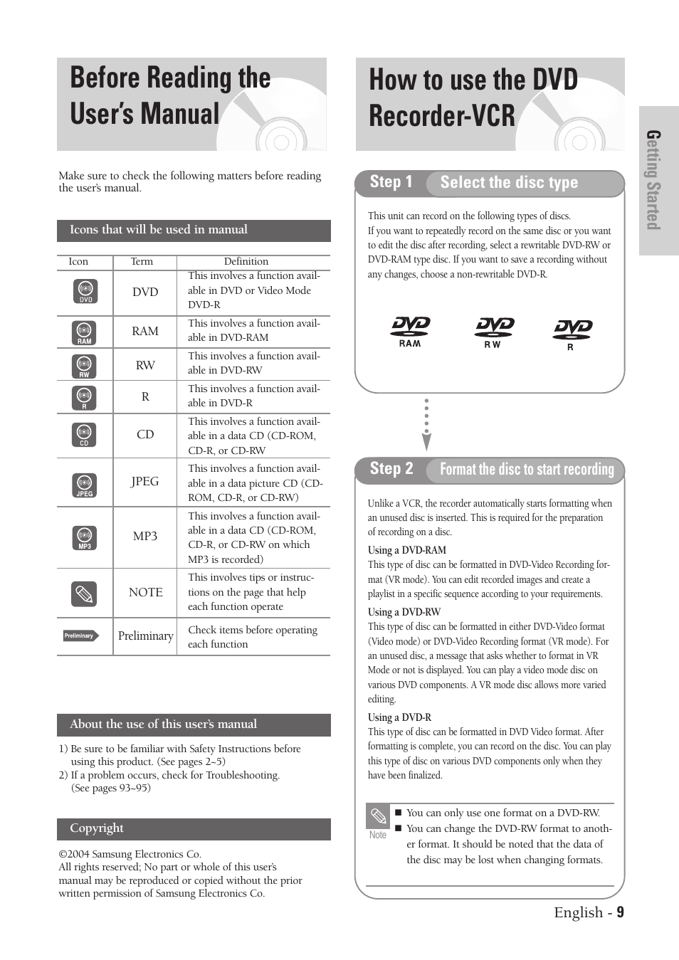 Before reading the user’s manual, How to use the dvd recorder-vcr, Getting started | English - 9 | Samsung DVD-VR300-XAA User Manual | Page 9 / 97