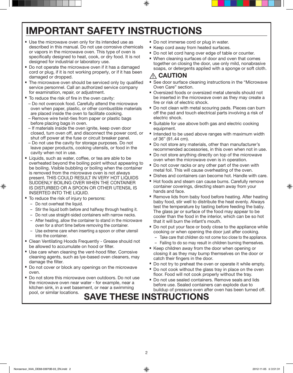 Important safety instructions, Save these instructions, Caution | Samsung SMH1622W-XAA User Manual | Page 2 / 6
