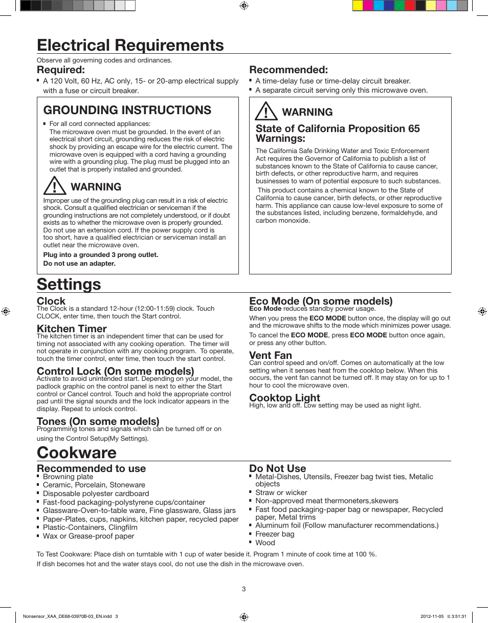 Electrical requirements settings, Cookware, Grounding instructions | Required, Recommended, Clock, Kitchen timer, Control lock (on some models), Tones (on some models), Eco mode (on some models) | Samsung SMH1622W-XAA User Manual | Page 3 / 6