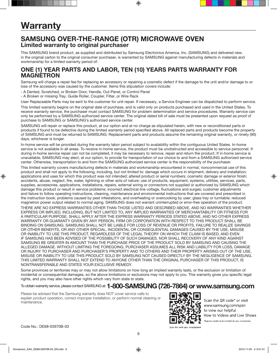 Warranty, Samsung over-the-range (otr) microwave oven, Limited warranty to original purchaser | Samsung SMH1622W-XAA User Manual | Page 6 / 6