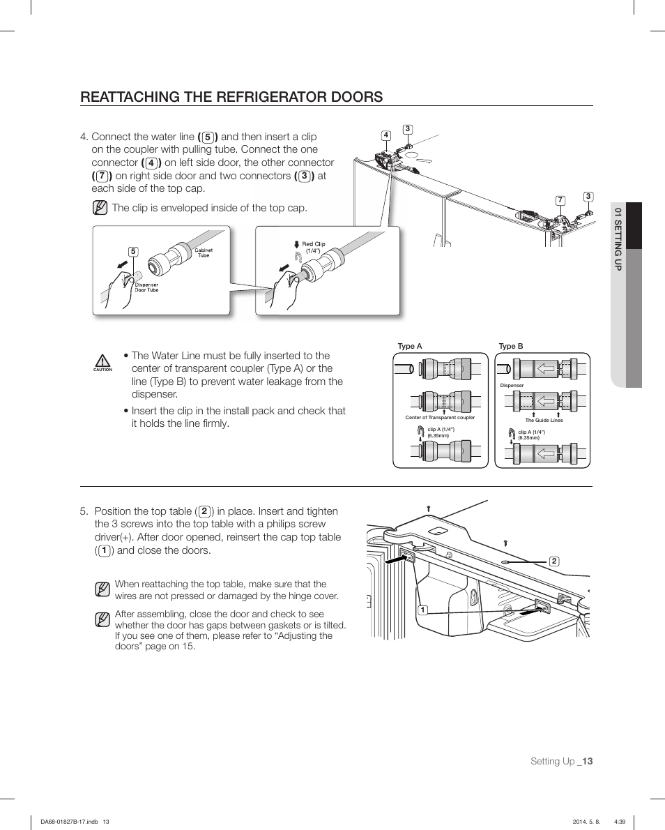 Reattaching the refrigerator doors | Samsung RFG237AAWP-XAA User Manual | Page 13 / 100