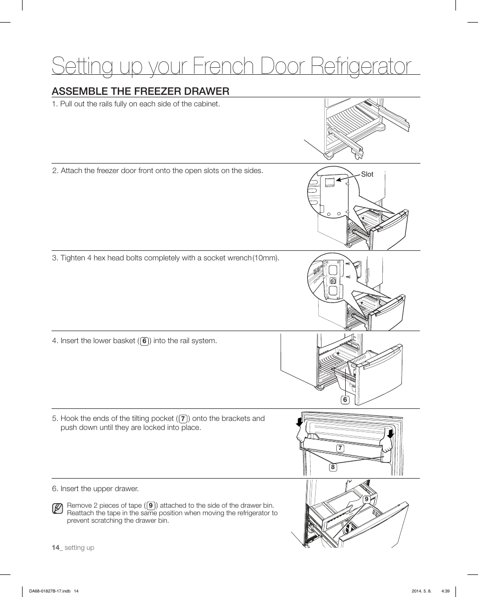 Setting up your french door refrigerator, Assemble the freezer drawer | Samsung RFG237AAWP-XAA User Manual | Page 14 / 100