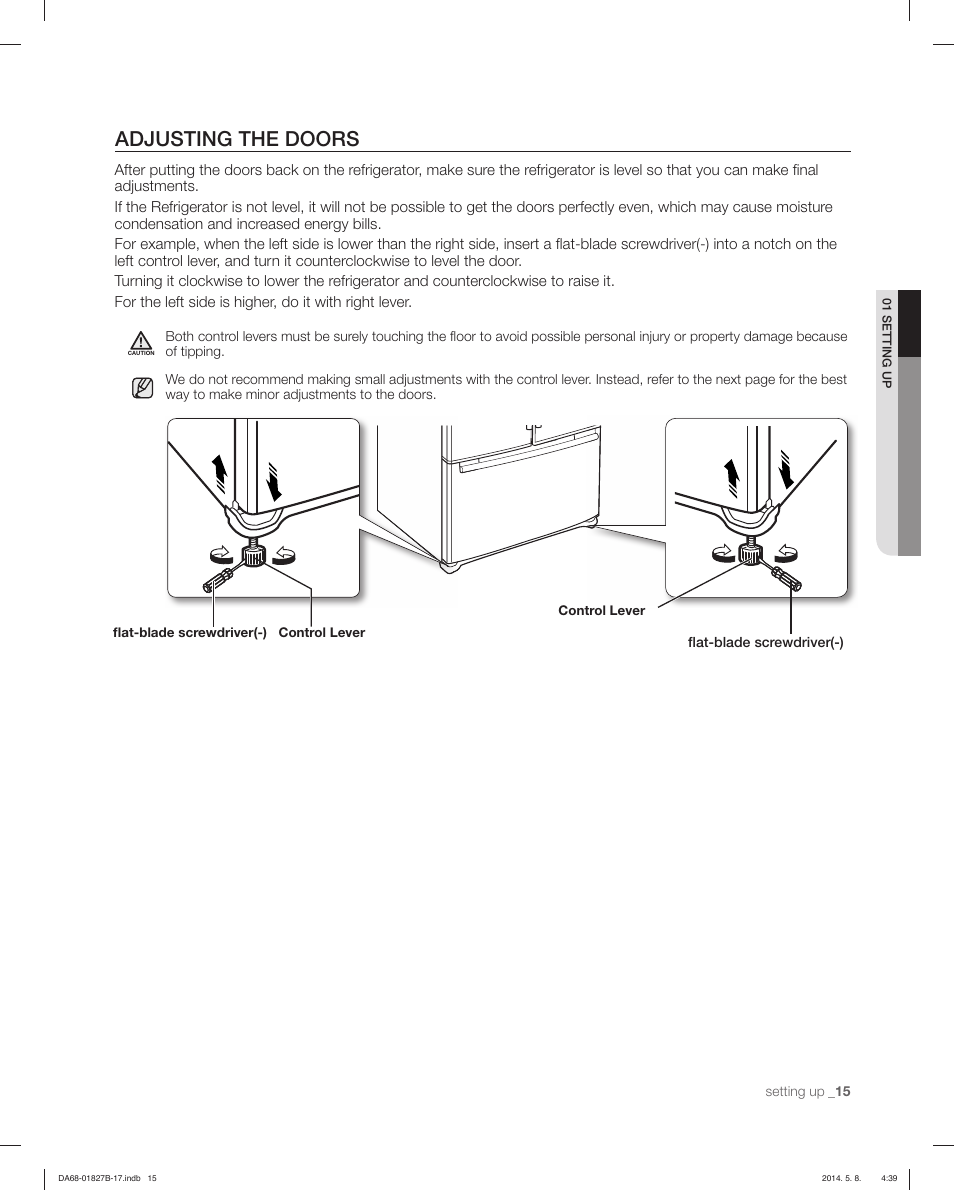 Adjusting the doors | Samsung RFG237AAWP-XAA User Manual | Page 15 / 100