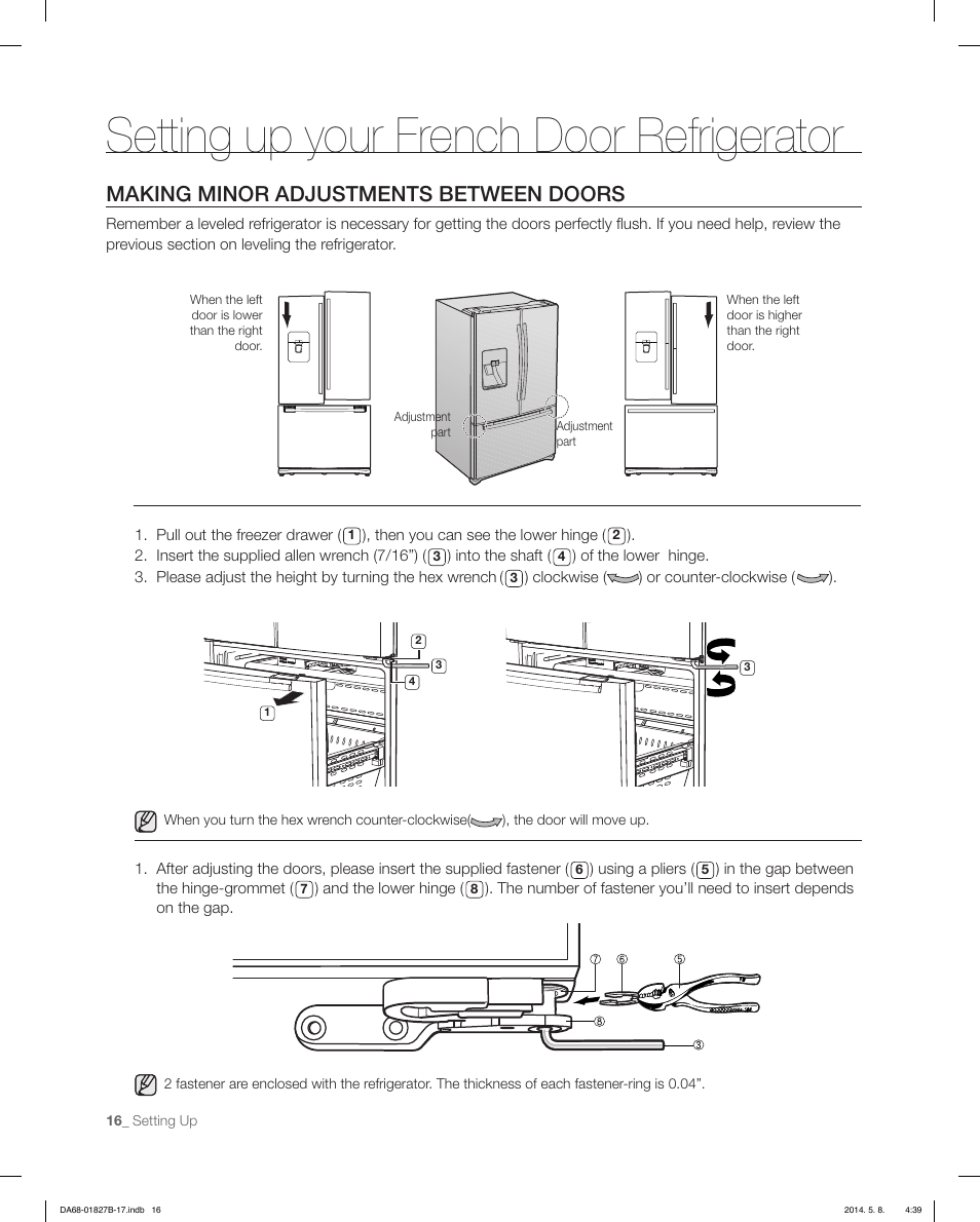 Setting up your french door refrigerator, Making minor adjustments between doors | Samsung RFG237AAWP-XAA User Manual | Page 16 / 100