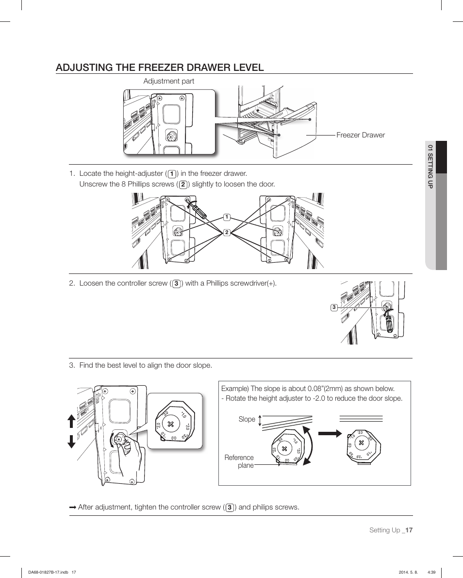 Adjusting the freezer drawer level | Samsung RFG237AAWP-XAA User Manual | Page 17 / 100