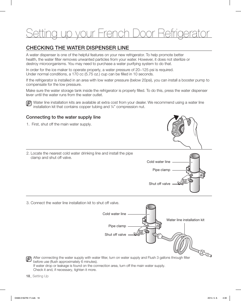 Setting up your french door refrigerator, Checking the water dispenser line, Connecting to the water supply line | Samsung RFG237AAWP-XAA User Manual | Page 18 / 100