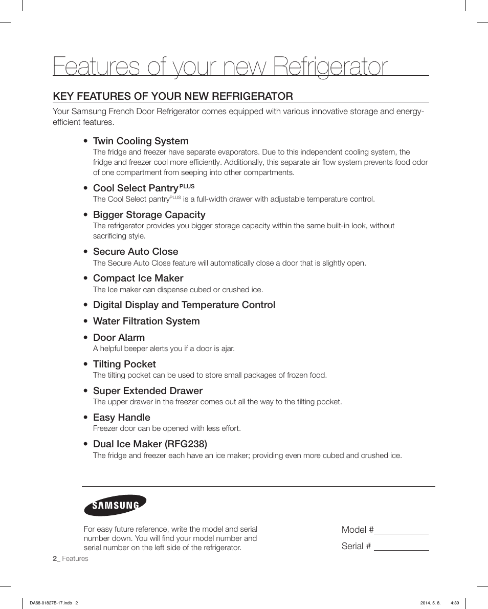 Features of your new refrigerator, Key features of your new refrigerator | Samsung RFG237AAWP-XAA User Manual | Page 2 / 100