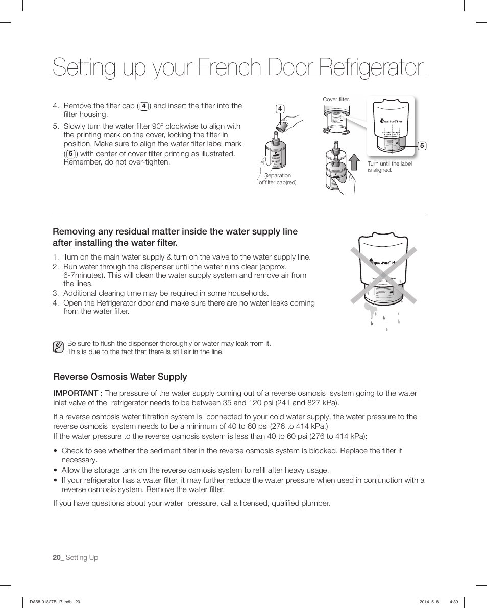 Setting up your french door refrigerator, Reverse osmosis water supply | Samsung RFG237AAWP-XAA User Manual | Page 20 / 100