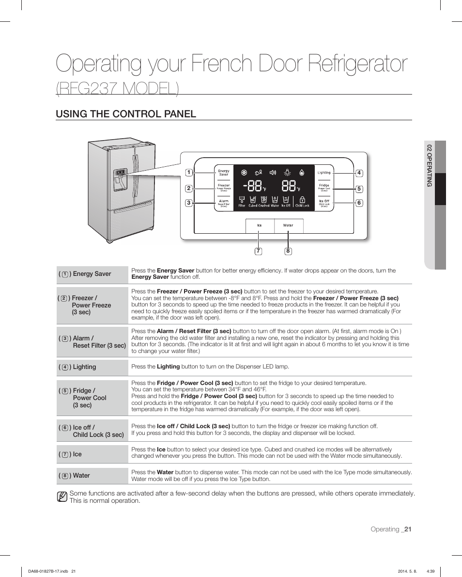 Operating your french door refrigerator, Rfg237 model), Using the control panel | Samsung RFG237AAWP-XAA User Manual | Page 21 / 100