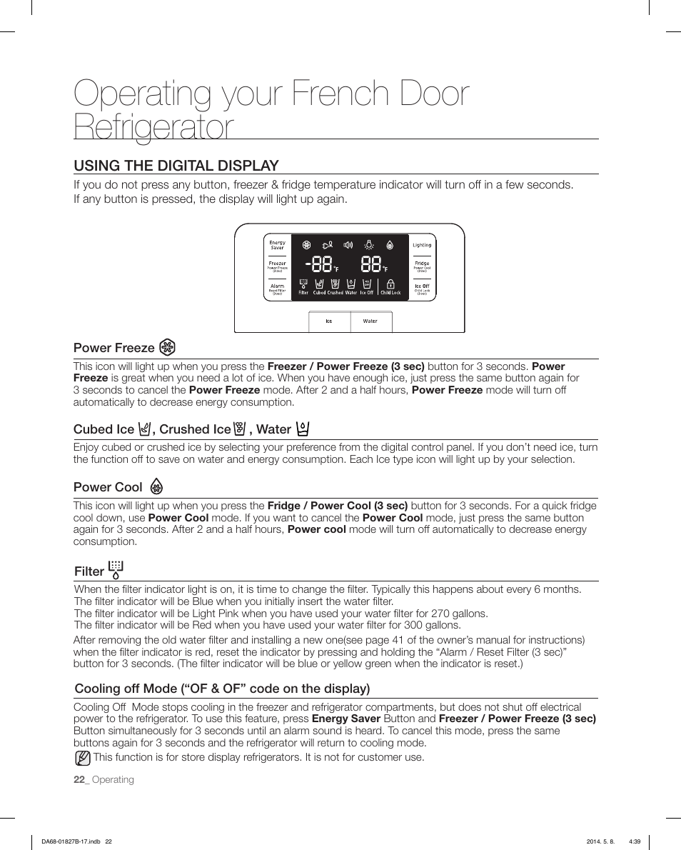 Operating your french door refrigerator, Using the digital display | Samsung RFG237AAWP-XAA User Manual | Page 22 / 100
