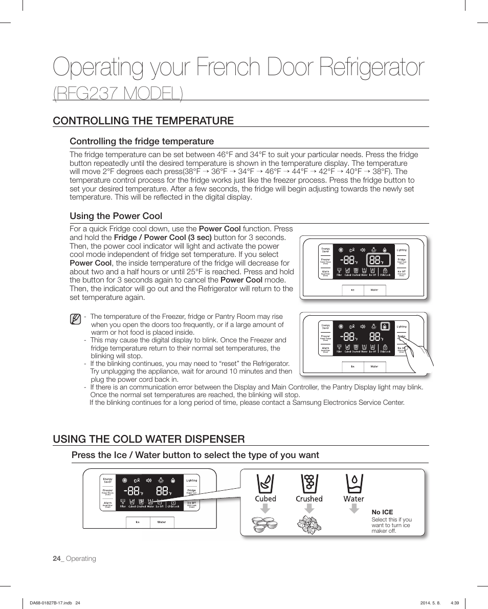 Operating your french door refrigerator, Rfg237 model), Controlling the temperature | Using the cold water dispenser | Samsung RFG237AAWP-XAA User Manual | Page 24 / 100