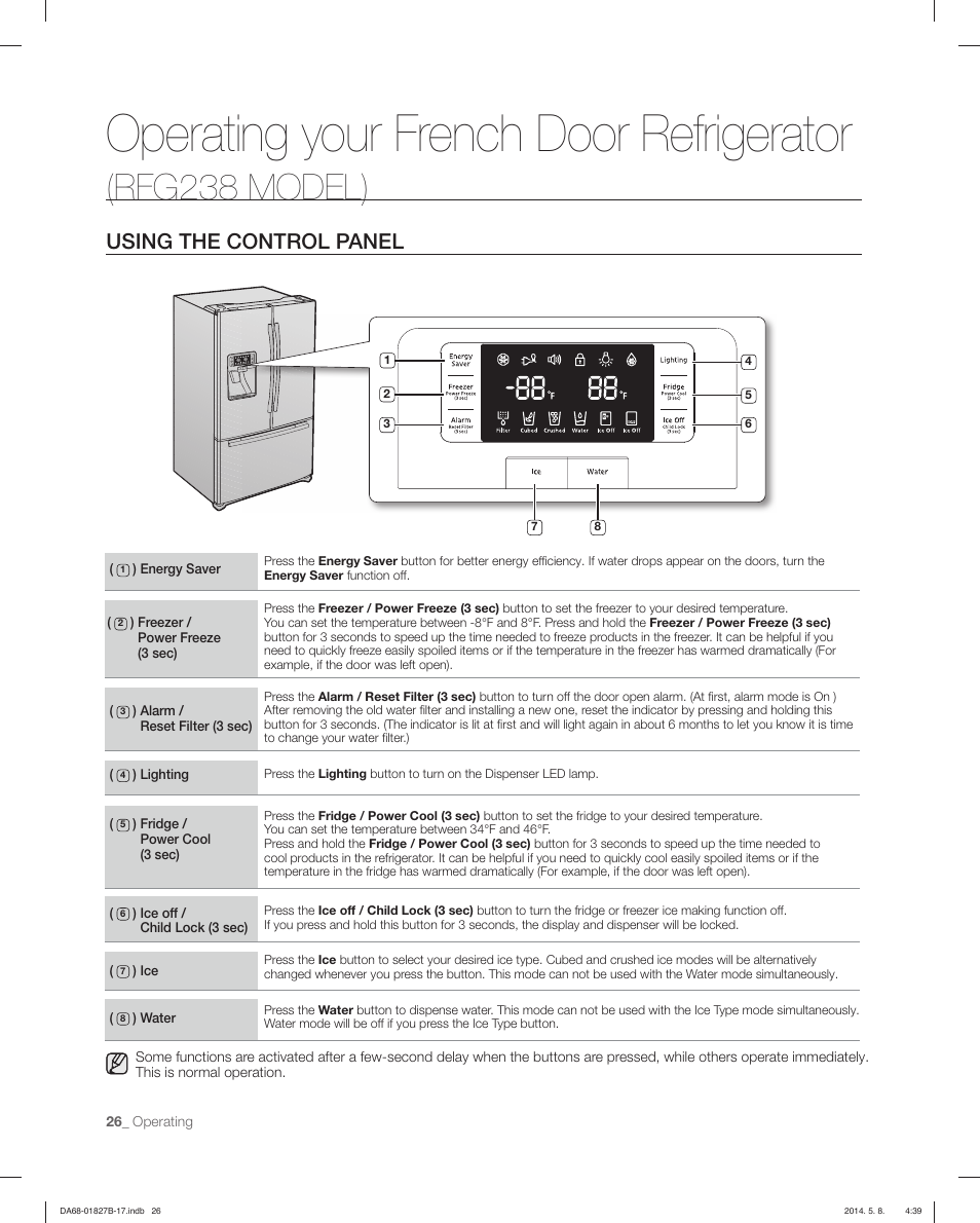 Operating your french door refrigerator, Rfg238 model), Using the control panel | Samsung RFG237AAWP-XAA User Manual | Page 26 / 100