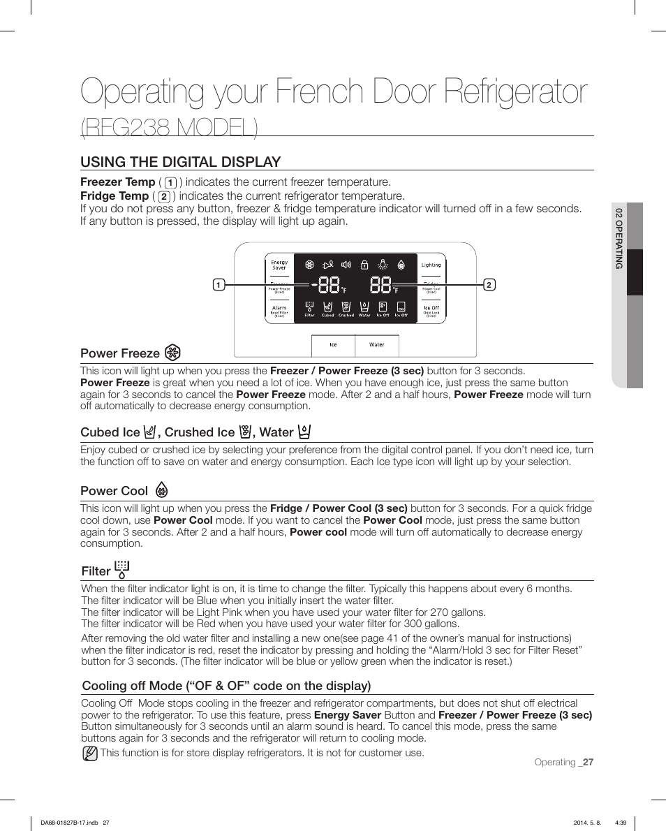 Operating your french door refrigerator, Rfg238 model), Using the digital display | Samsung RFG237AAWP-XAA User Manual | Page 27 / 100