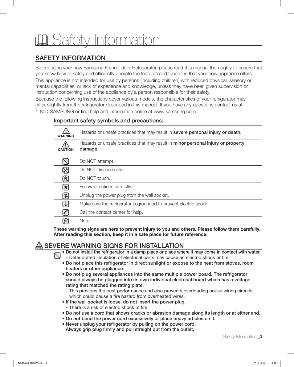 Safety information, Severe warning signs for installation, Important safety symbols and precautions | Samsung RFG237AAWP-XAA User Manual | Page 3 / 100