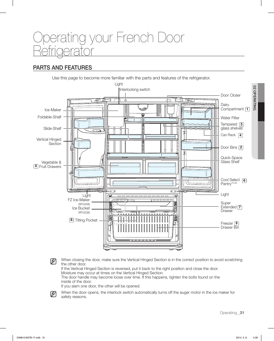 Operating your french door refrigerator, Parts and features | Samsung RFG237AAWP-XAA User Manual | Page 31 / 100
