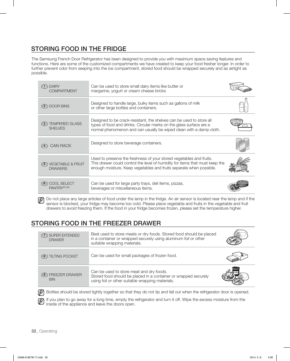 Storing food in the fridge, Storing food in the freezer drawer | Samsung RFG237AAWP-XAA User Manual | Page 32 / 100