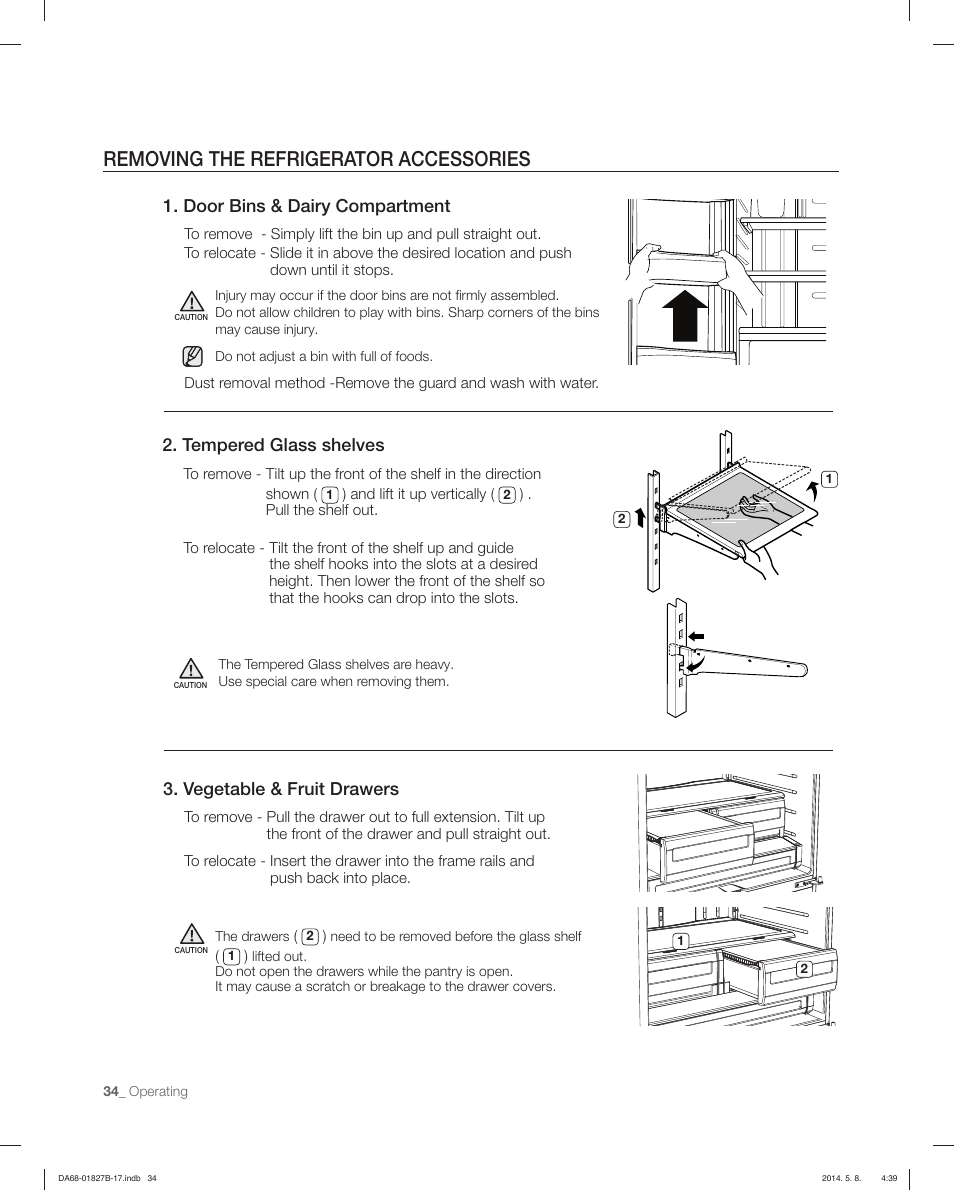 Removing the refrigerator accessories, Tempered glass shelves, Door bins & dairy compartment | Vegetable & fruit drawers | Samsung RFG237AAWP-XAA User Manual | Page 34 / 100