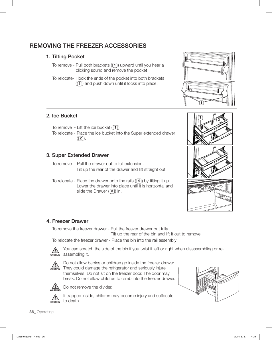 Removing the freezer accessories, Tilting pocket, Ice bucket | Super extended drawer, Freezer drawer | Samsung RFG237AAWP-XAA User Manual | Page 36 / 100
