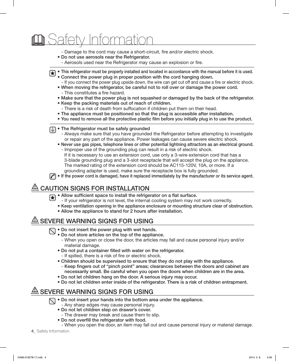 Safety information, Caution signs for installation, Severe warning signs for using | Samsung RFG237AAWP-XAA User Manual | Page 4 / 100