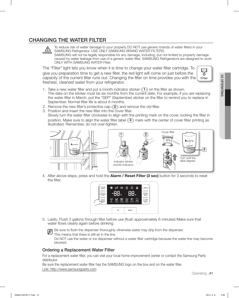 Changing the water filter, Ordering a replacement water filter | Samsung RFG237AAWP-XAA User Manual | Page 41 / 100