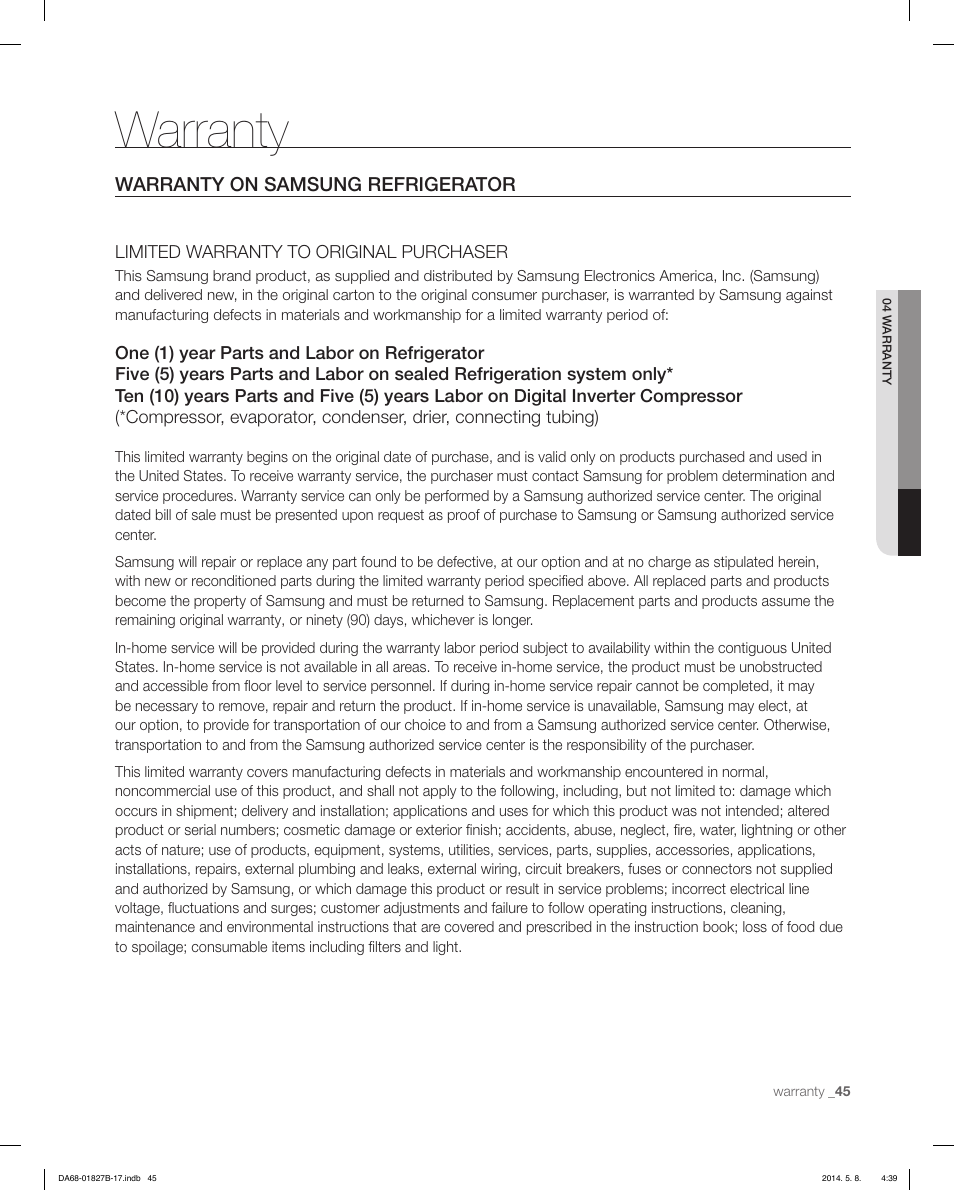 Warranty, Warranty on samsung refrigerator, Limited warranty to original purchaser | Samsung RFG237AAWP-XAA User Manual | Page 45 / 100