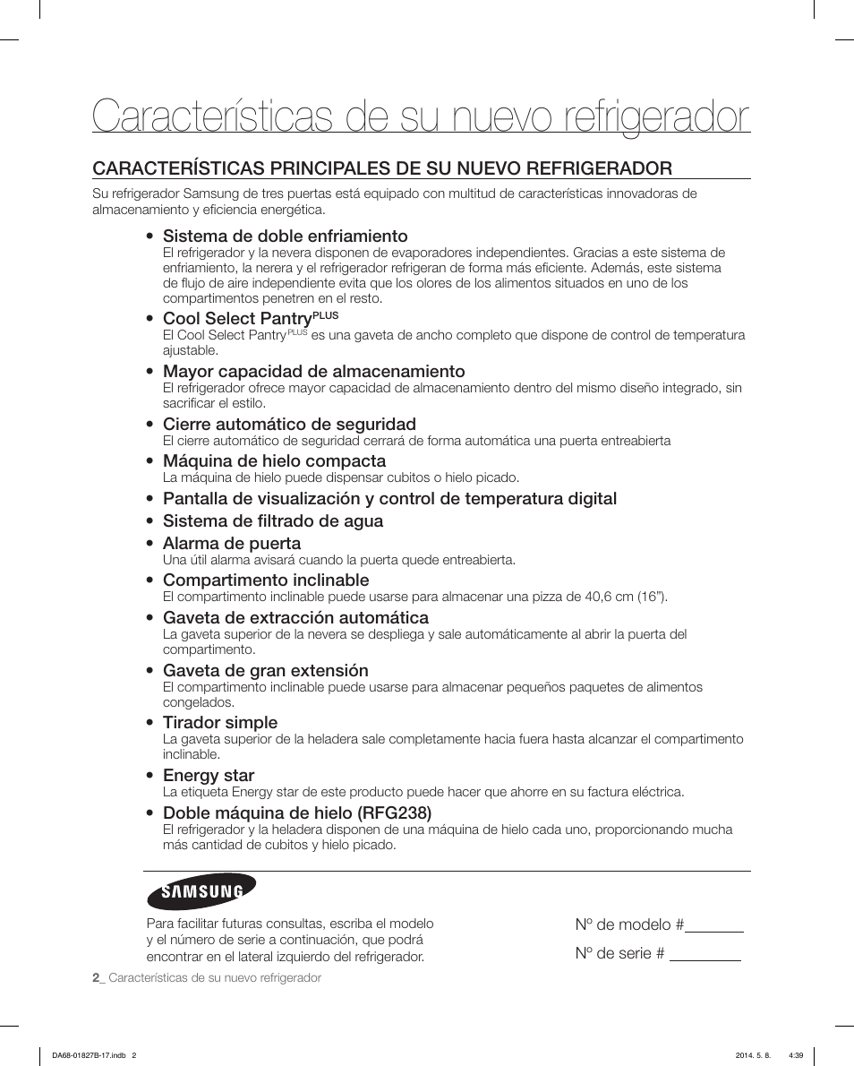 Características de su nuevo refrigerador | Samsung RFG237AAWP-XAA User Manual | Page 52 / 100