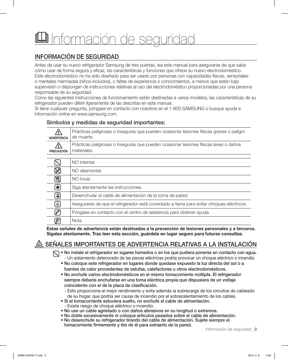 Información de seguridad, Símbolos y medidas de seguridad importantes | Samsung RFG237AAWP-XAA User Manual | Page 53 / 100