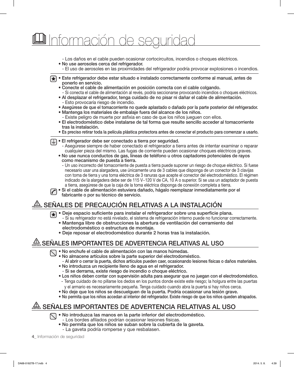 Información de seguridad, Señales de precaución relativas a la instalación | Samsung RFG237AAWP-XAA User Manual | Page 54 / 100