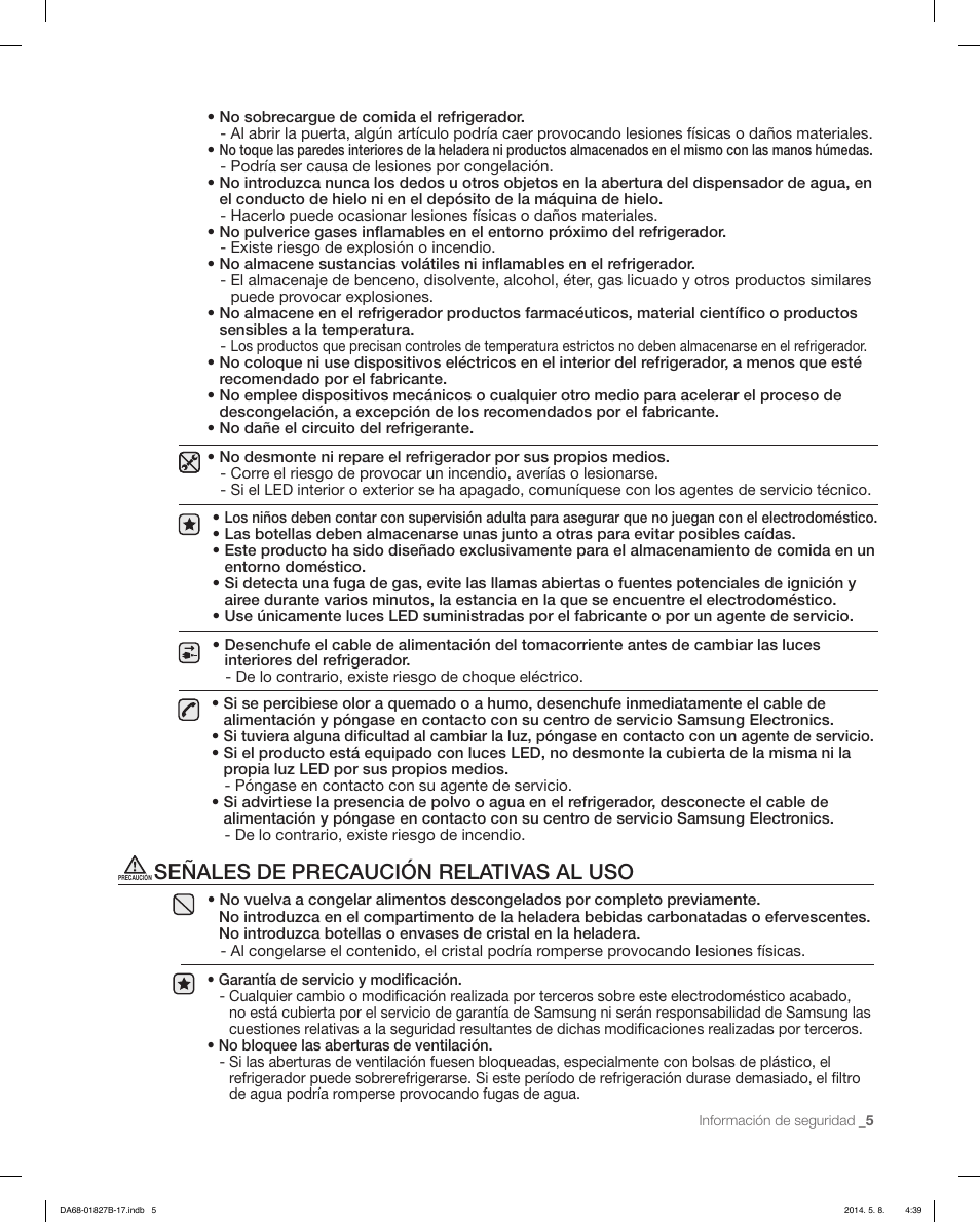 Señales de precaución relativas al uso | Samsung RFG237AAWP-XAA User Manual | Page 55 / 100